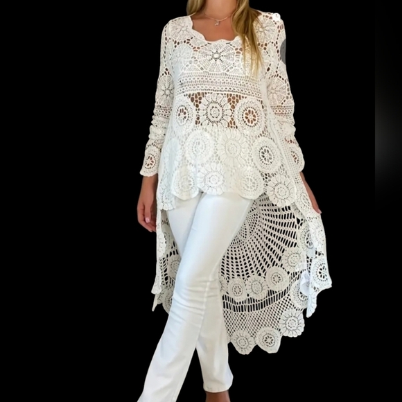 New Crochet Floral hi low Cover up Tunic white long flowy Small - Picture 6 of 6